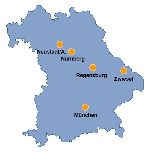  Bayernkarte mit den Standorten München, Nürnberg, Zwiesel, Regensburg und Neustaadt a. d. Aisch