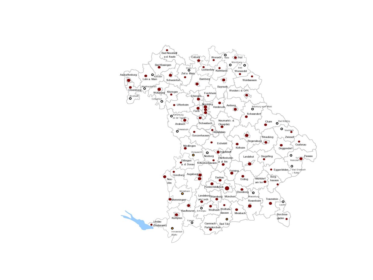  Die Abbildung zeigt eine Bayernkarte, auf welcher alle bayerischen Finanzämter inklusive sämtlicher Außenstellen enthalten sind.